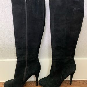 Black suede knee high heeled boots